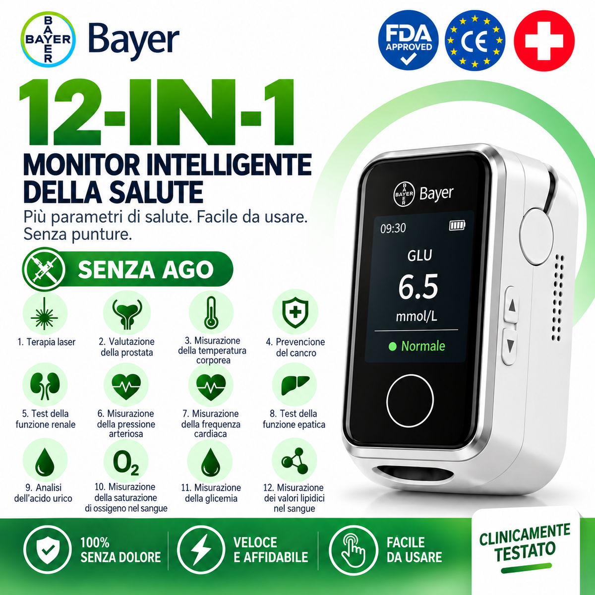 Dispositivo smart 12 in 1 per monitoraggio di glucosio e parametri vitali
