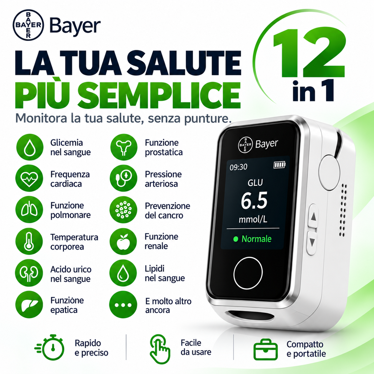 Dispositivo smart 12 in 1 per monitoraggio di glucosio e parametri vitali